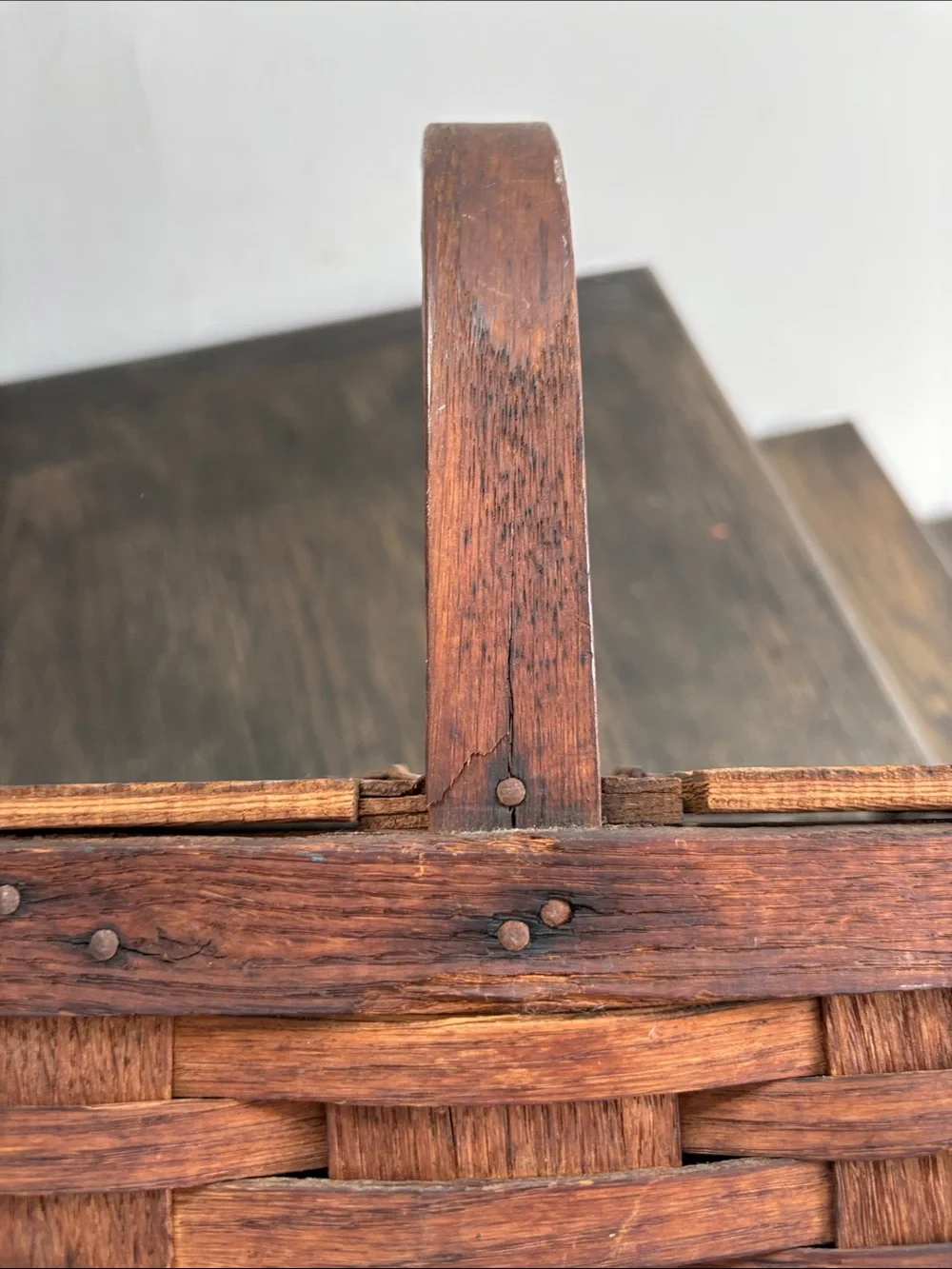 Vintage double lidded picnic basket, one handle,hinges, rustic, wood, 16x9.5x12”